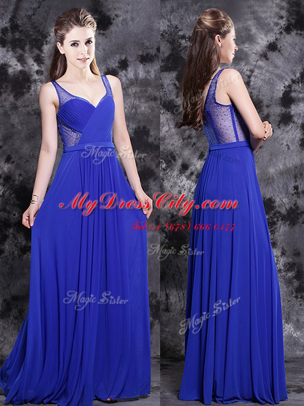 Inexpensive Floor Length Royal Blue Prom Party Dress Chiffon Sleeveless Beading