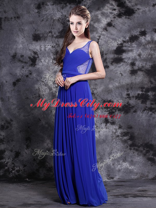 Inexpensive Floor Length Royal Blue Prom Party Dress Chiffon Sleeveless Beading