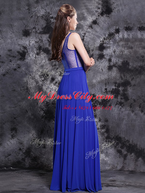 Inexpensive Floor Length Royal Blue Prom Party Dress Chiffon Sleeveless Beading