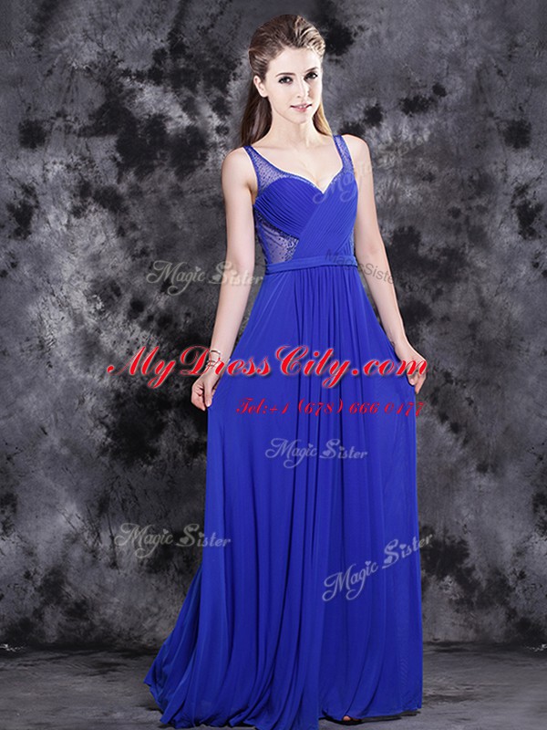 Inexpensive Floor Length Royal Blue Prom Party Dress Chiffon Sleeveless Beading