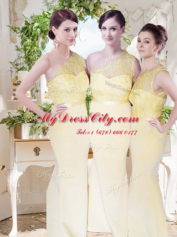 Super One Shoulder Sleeveless Zipper Prom Dress Yellow Satin