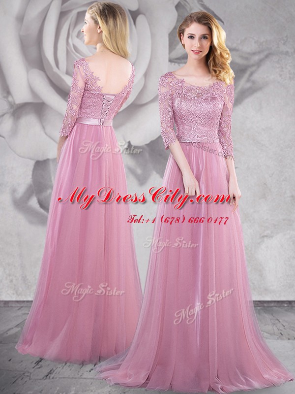 Dramatic Scoop Pink Half Sleeves With Train Lace and Ruching Lace Up Homecoming Dress