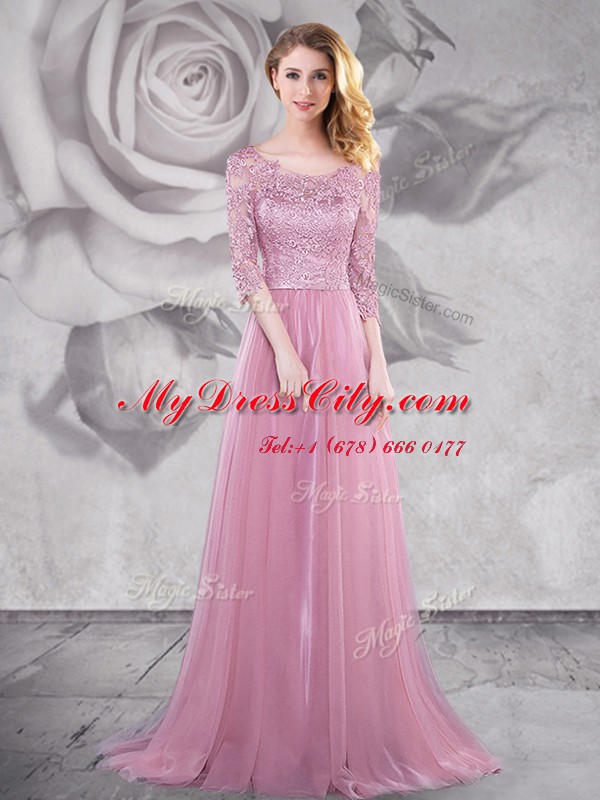 Dramatic Scoop Pink Half Sleeves With Train Lace and Ruching Lace Up Homecoming Dress