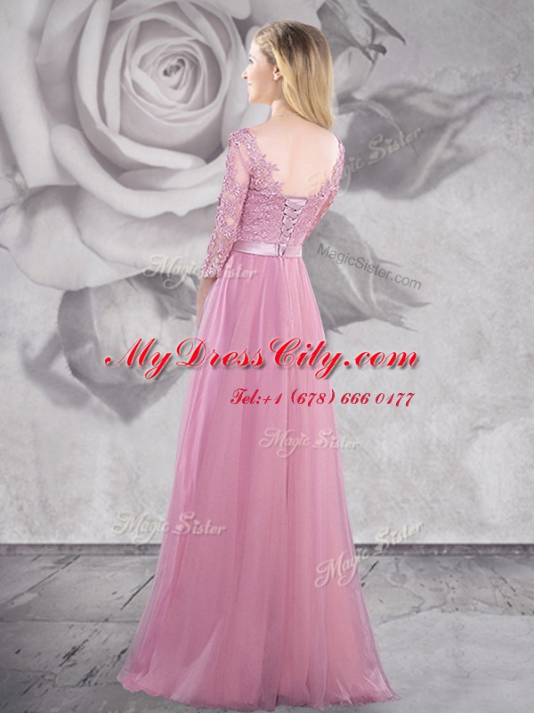 Dramatic Scoop Pink Half Sleeves With Train Lace and Ruching Lace Up Homecoming Dress