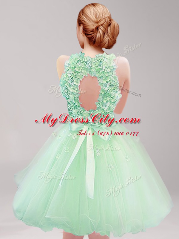 Decent Halter Top Backless Mini Length Apple Green Prom Dress Tulle Sleeveless Ruffles and Hand Made Flower