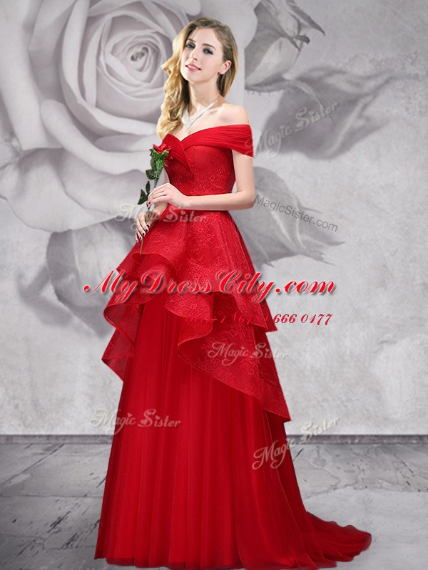 Great Off the Shoulder Red Lace Up Prom Evening Gown Lace Sleeveless With Brush Train