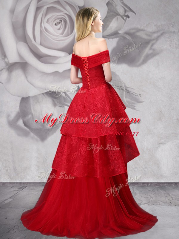 Great Off the Shoulder Red Lace Up Prom Evening Gown Lace Sleeveless With Brush Train