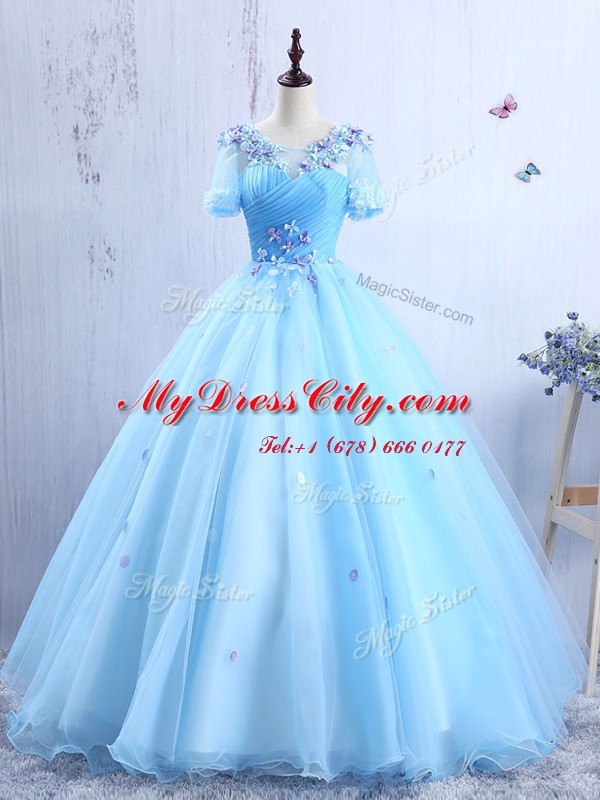 Exquisite Scoop Short Sleeves Appliques and Ruching Lace Up Prom Gown