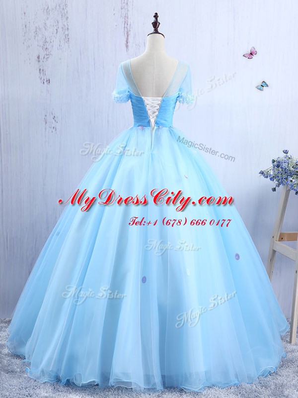 Exquisite Scoop Short Sleeves Appliques and Ruching Lace Up Prom Gown