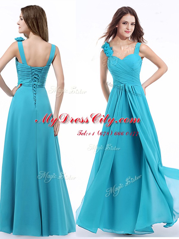 Straps Aqua Blue Sleeveless Floor Length Ruching Lace Up Dress for Prom