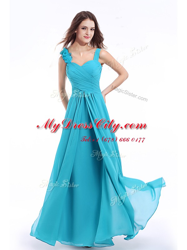 Straps Aqua Blue Sleeveless Floor Length Ruching Lace Up Dress for Prom