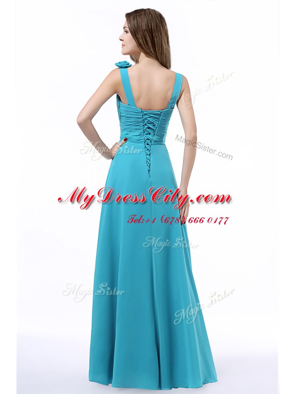 Straps Aqua Blue Sleeveless Floor Length Ruching Lace Up Dress for Prom