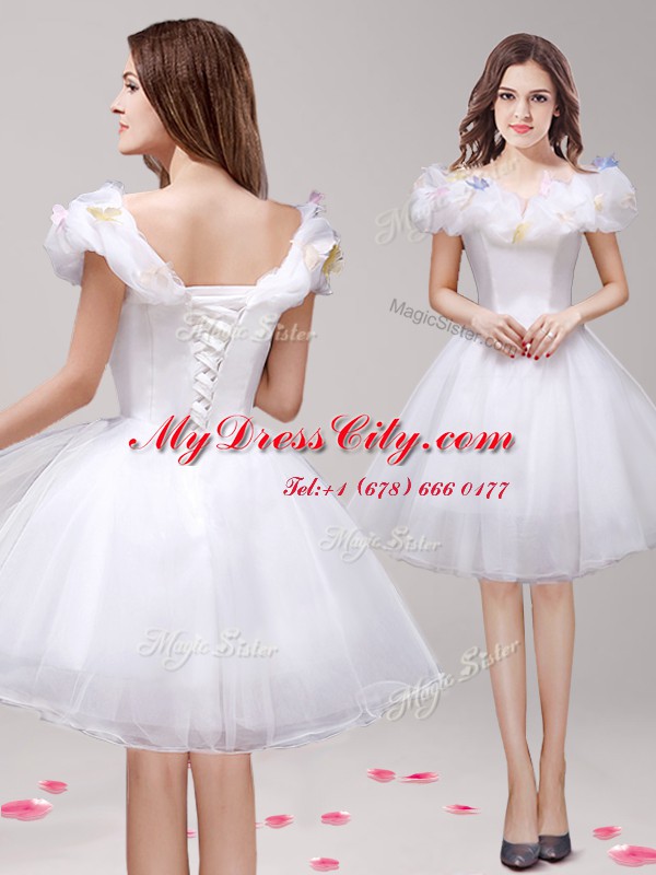 Off the Shoulder White A-line Appliques and Ruffles Casual Dresses Lace Up Tulle Sleeveless Knee Length