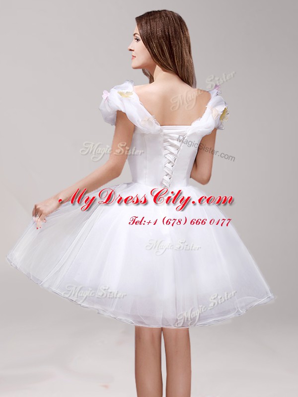 Off the Shoulder White A-line Appliques and Ruffles Casual Dresses Lace Up Tulle Sleeveless Knee Length