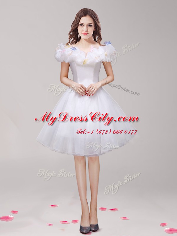 Off the Shoulder White A-line Appliques and Ruffles Casual Dresses Lace Up Tulle Sleeveless Knee Length