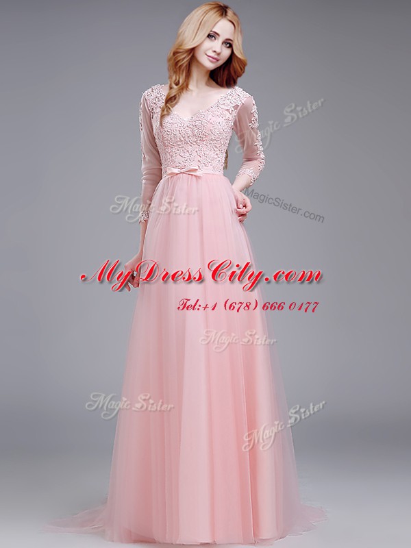 Fantastic Baby Pink Zipper V-neck Lace and Bowknot Dress for Prom Tulle 3 4 Length Sleeve Brush Train