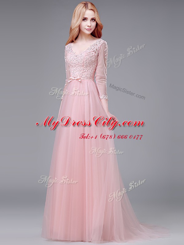 Fantastic Baby Pink Zipper V-neck Lace and Bowknot Dress for Prom Tulle 3 4 Length Sleeve Brush Train