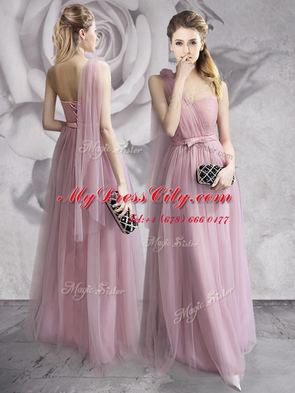 Cheap One Shoulder Floor Length Empire Sleeveless Lavender Prom Dresses Lace Up