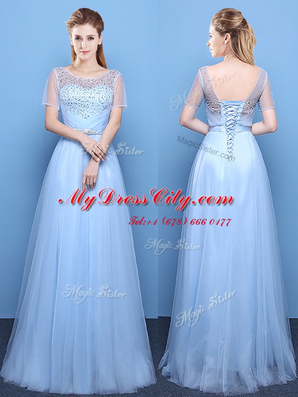 Custom Fit Scoop Tulle Short Sleeves Floor Length Prom Gown and Beading