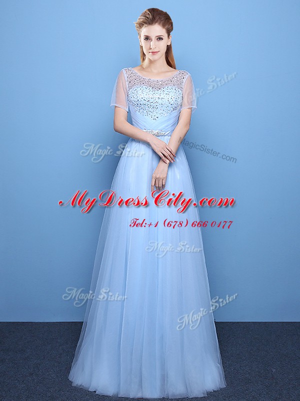 Custom Fit Scoop Tulle Short Sleeves Floor Length Prom Gown and Beading