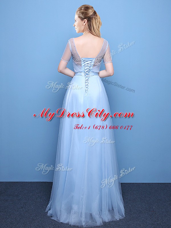 Custom Fit Scoop Tulle Short Sleeves Floor Length Prom Gown and Beading