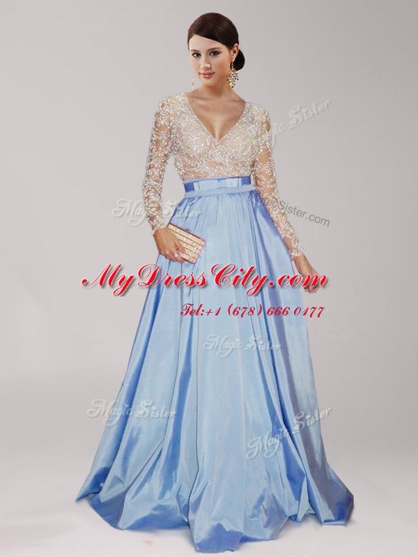 Custom Fit Floor Length Light Blue Prom Party Dress V-neck Long Sleeves Zipper