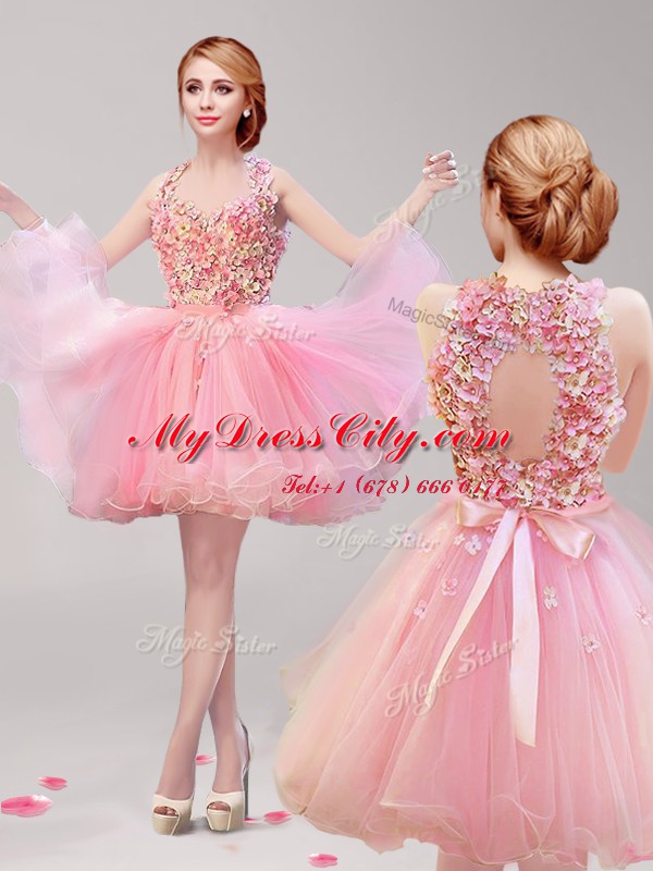 Tulle Halter Top Sleeveless Backless Ruffles and Hand Made Flower Prom Party Dress in Pink