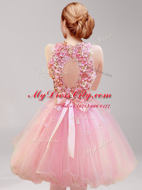 Tulle Halter Top Sleeveless Backless Ruffles and Hand Made Flower Prom Party Dress in Pink