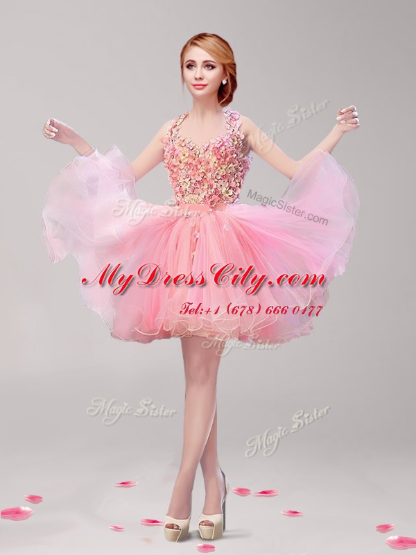 Tulle Halter Top Sleeveless Backless Ruffles and Hand Made Flower Prom Party Dress in Pink