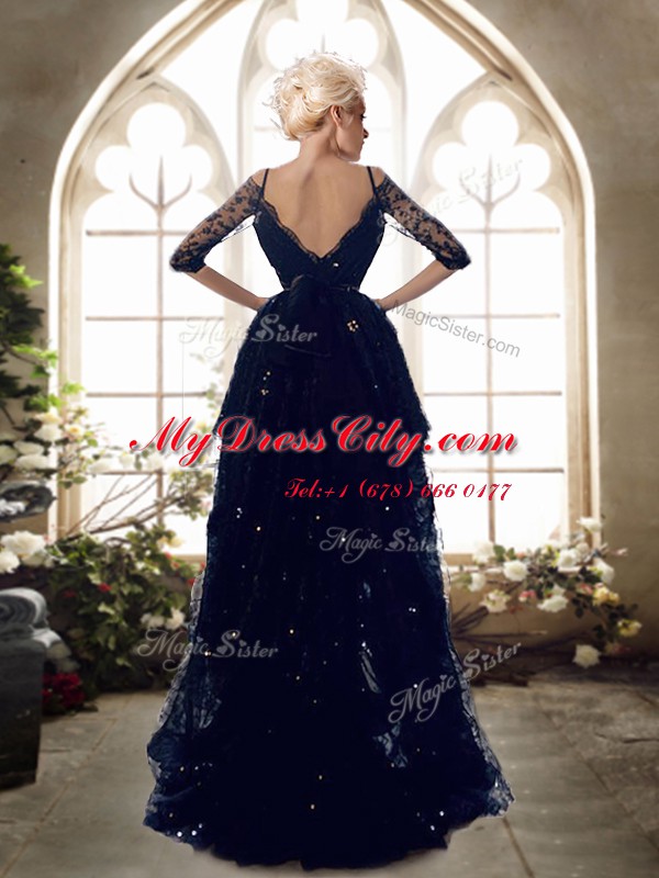 Lace High Low Navy Blue Homecoming Dress Online Spaghetti Straps Half Sleeves Backless