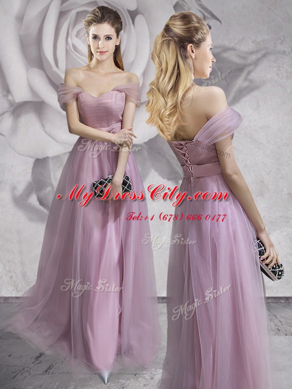 New Style Off The Shoulder Sleeveless Prom Dresses Floor Length Lace and Ruching and Bowknot and Hand Made Flower Lavender Tulle