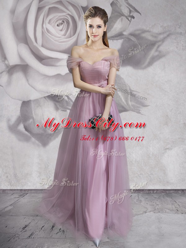 New Style Off The Shoulder Sleeveless Prom Dresses Floor Length Lace and Ruching and Bowknot and Hand Made Flower Lavender Tulle