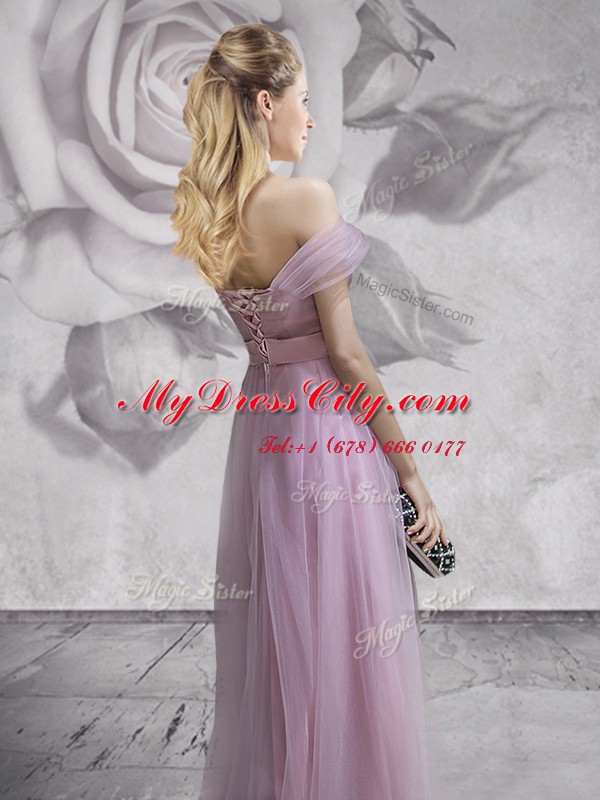 New Style Off The Shoulder Sleeveless Prom Dresses Floor Length Lace and Ruching and Bowknot and Hand Made Flower Lavender Tulle