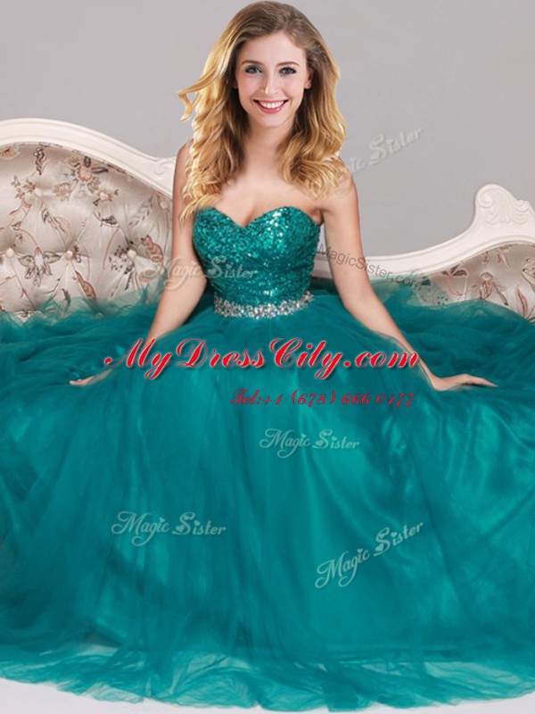 Luxury Peacock Green Prom Party Dress Prom and For with Sequins Sweetheart Sleeveless Zipper