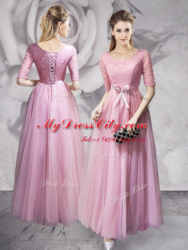 Empire Prom Dresses Pink Scoop Tulle Half Sleeves Floor Length Lace Up