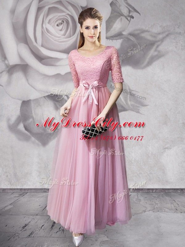 Empire Prom Dresses Pink Scoop Tulle Half Sleeves Floor Length Lace Up