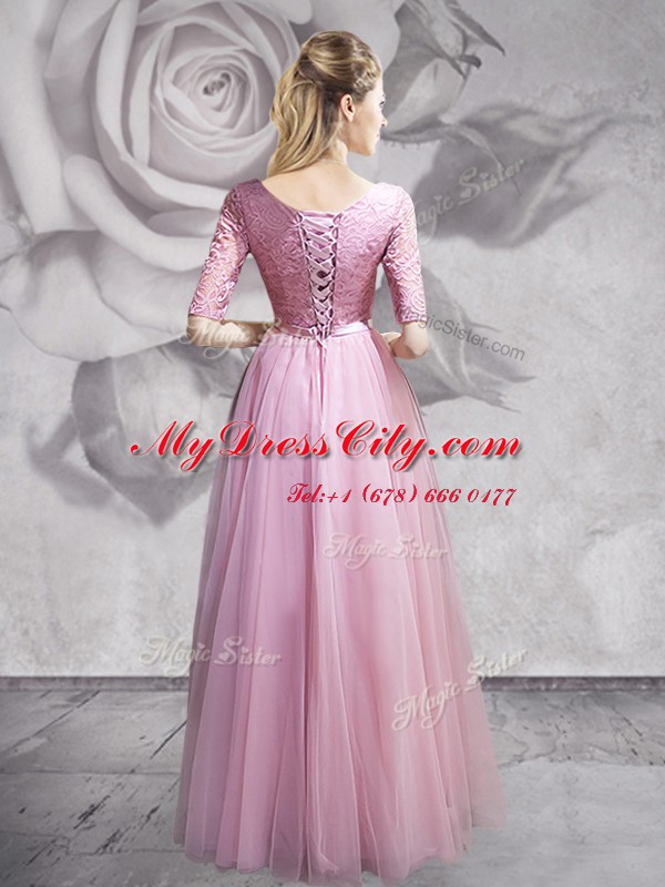 Empire Prom Dresses Pink Scoop Tulle Half Sleeves Floor Length Lace Up