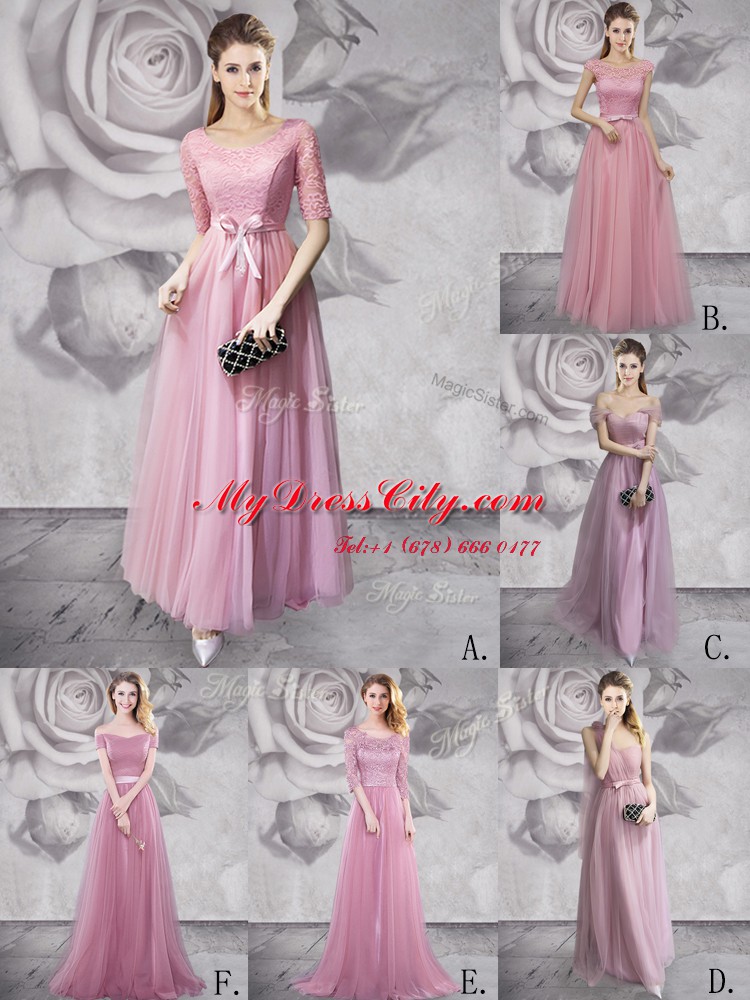 Empire Prom Dresses Pink Scoop Tulle Half Sleeves Floor Length Lace Up