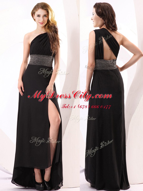 Colorful One Shoulder Black Chiffon Backless Homecoming Dress Sleeveless Floor Length Beading