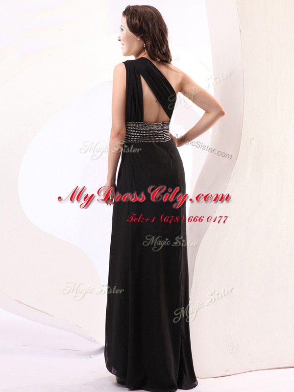 Colorful One Shoulder Black Chiffon Backless Homecoming Dress Sleeveless Floor Length Beading