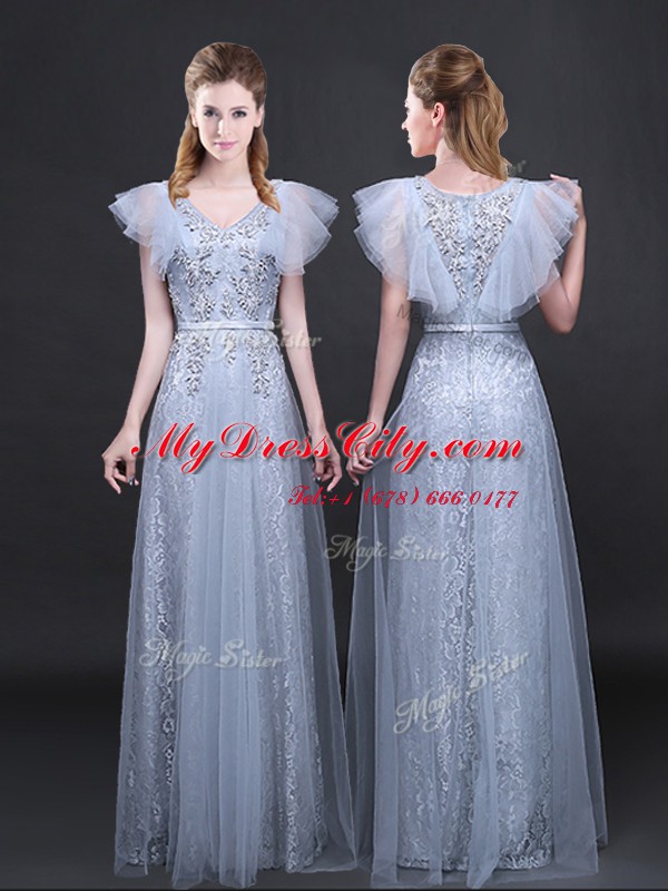 Grey Empire Tulle and Lace V-neck Short Sleeves Appliques and Belt Floor Length Zipper Prom Dresses