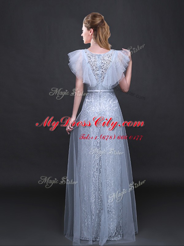 Grey Empire Tulle and Lace V-neck Short Sleeves Appliques and Belt Floor Length Zipper Prom Dresses