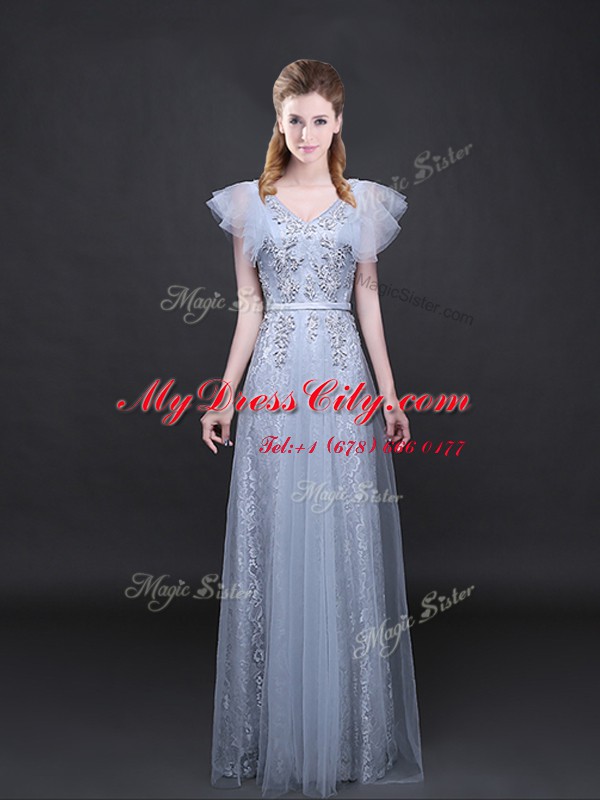 Grey Empire Tulle and Lace V-neck Short Sleeves Appliques and Belt Floor Length Zipper Prom Dresses