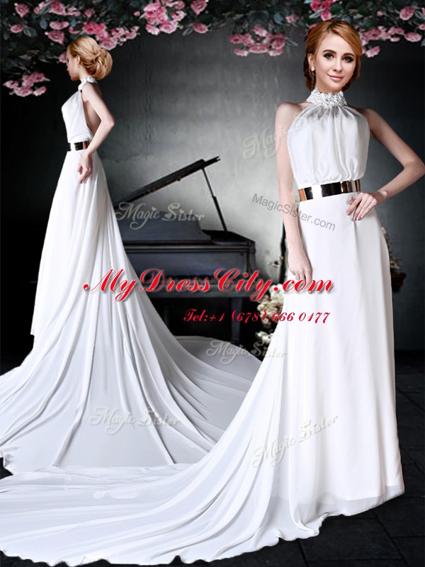 Halter Top Sleeveless Chiffon With Train Court Train Backless Prom Party Dress in White with Appliques and Belt