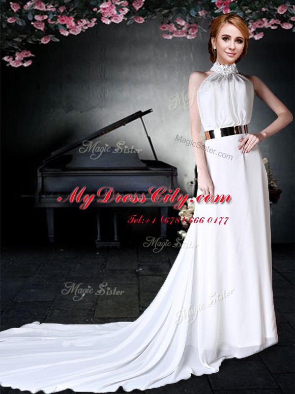 Halter Top Sleeveless Chiffon With Train Court Train Backless Prom Party Dress in White with Appliques and Belt