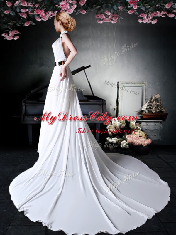 Halter Top Sleeveless Chiffon With Train Court Train Backless Prom Party Dress in White with Appliques and Belt