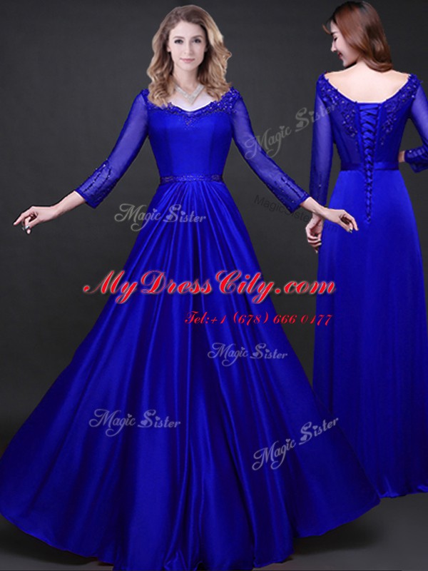 Royal Blue Prom Dresses Prom and For with Appliques and Belt V-neck Long Sleeves Lace Up