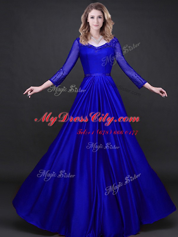 Royal Blue Prom Dresses Prom and For with Appliques and Belt V-neck Long Sleeves Lace Up