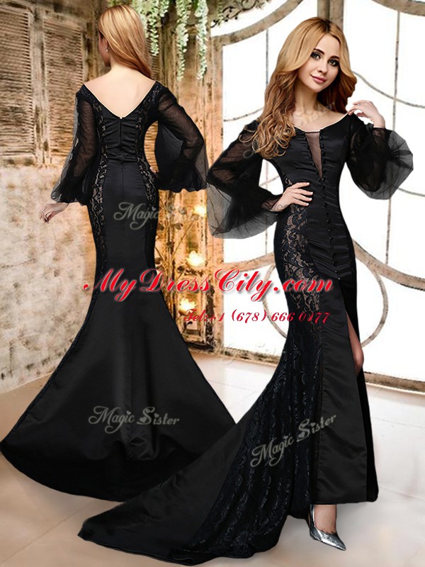 Hot Selling Black Mermaid Satin and Lace V-neck Long Sleeves Lace With Train Zipper Prom Party Dress Brush Train