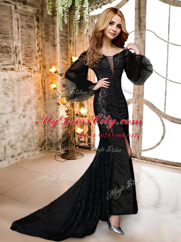 Hot Selling Black Mermaid Satin and Lace V-neck Long Sleeves Lace With Train Zipper Prom Party Dress Brush Train